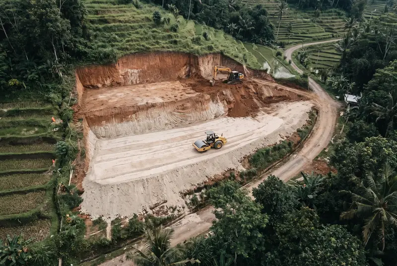 Terraced building pads showing cut and fill balance on a sloped Bali plot