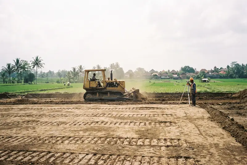 Bulldozer grading and leveling terraced building pads on a sloped site in Bali
