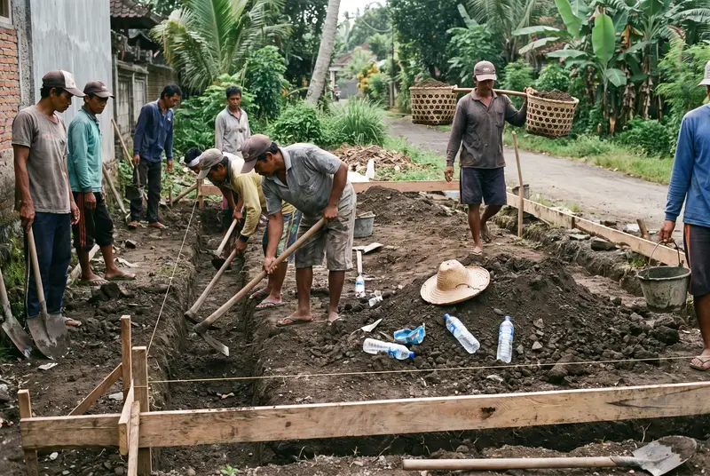 Hand-dug foundation trench with hoes and baskets on a small Bali building plot