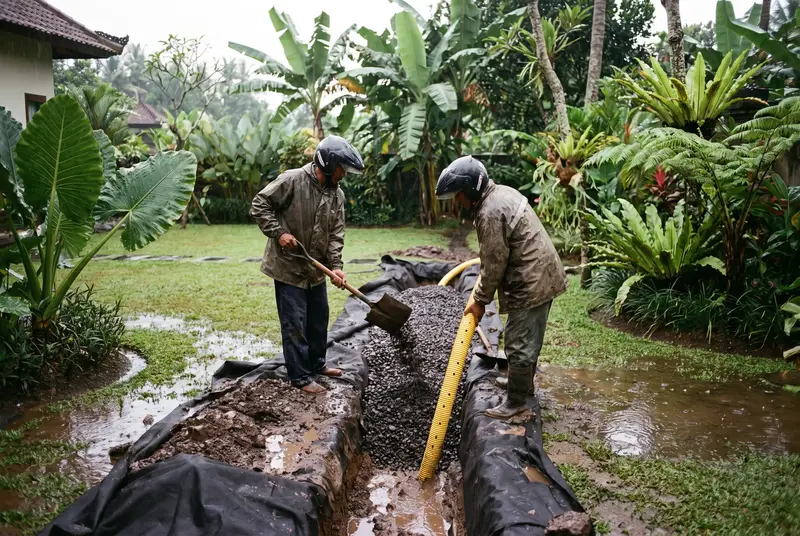 Workers installing gravel French drain with perforated pipe at a Bali villa