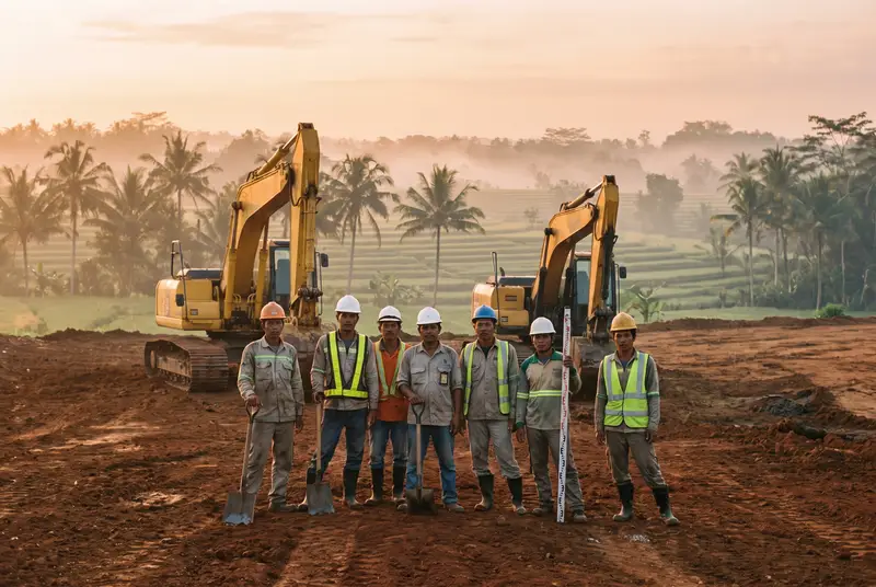 Bali Earthworks crew with excavators and grade stakes at sunrise on a building site