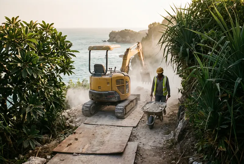 Mini excavator on a narrow clifftop plot near Bingin beach in Bali
