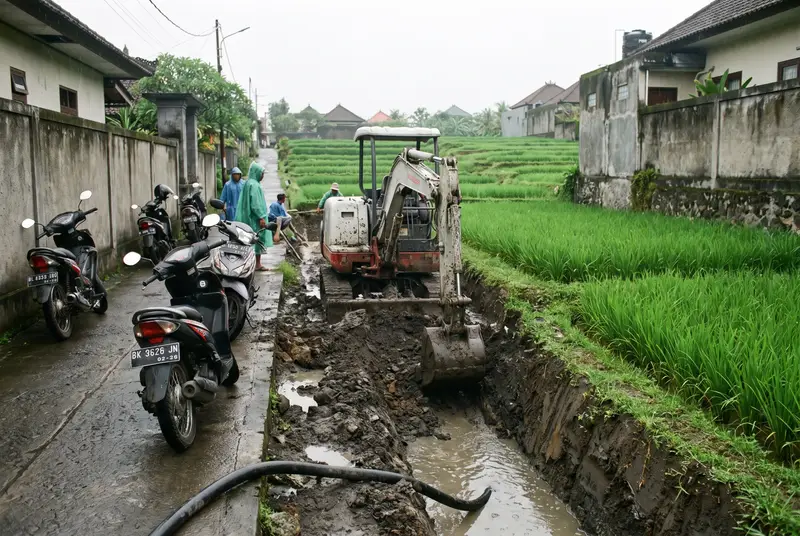 Mini excavator working on a villa foundation between rice fields in Canggu Bali