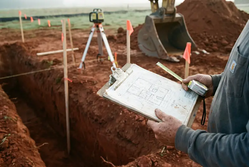Foreman checking excavation levels with a rotating laser on a Bali building site