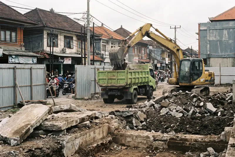 Excavator loading dump truck on a fenced commercial site in Denpasar Bali