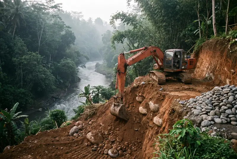 Excavator shaping a river gorge plot for a new villa in Pererenan Bali