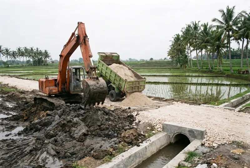 Land clearing and access road works on former rice fields in Seseh Bali