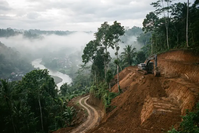 Excavator terracing a jungle slope above a river valley near Ubud Bali