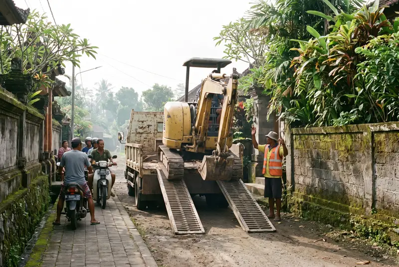 Rental mini excavator being delivered on a flatbed truck to a Bali site