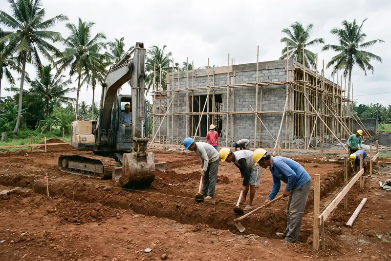 Excavator digging foundation footings on a villa construction site in Bali