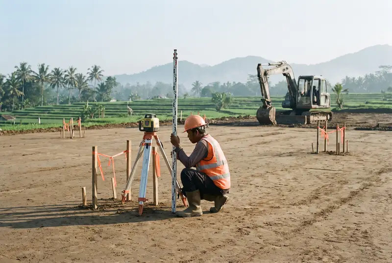 Foreman checking grade stakes with rotating laser level on a leveled building pad in Bali