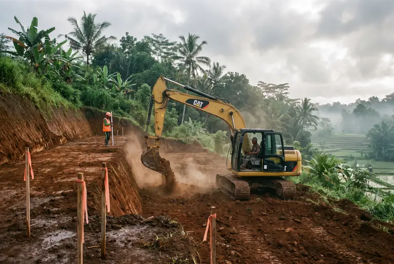 Excavator cutting building terraces on a green Bali hillside at sunrise