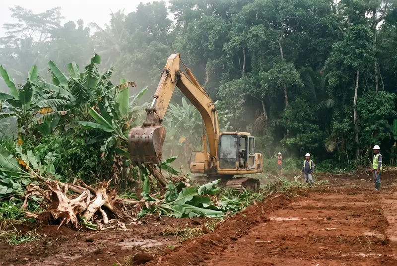 Excavator clearing dense jungle vegetation from a building plot in Bali