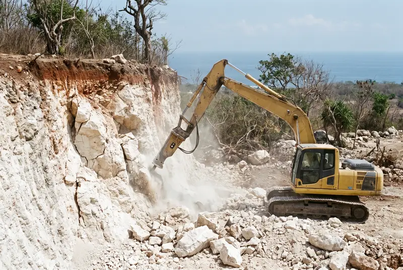 Hydraulic breaker on excavator smashing limestone bedrock on the Bukit in Bali