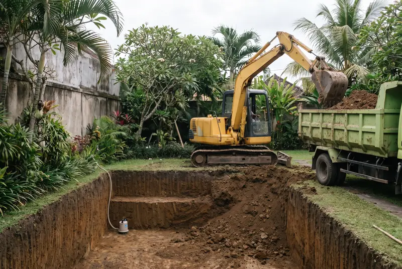Excavator cutting a precise rectangular swimming pool pit at a Bali villa