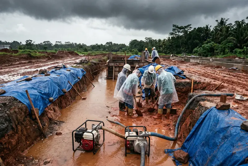 Excavation site with pumps working after tropical rain in Bali wet season