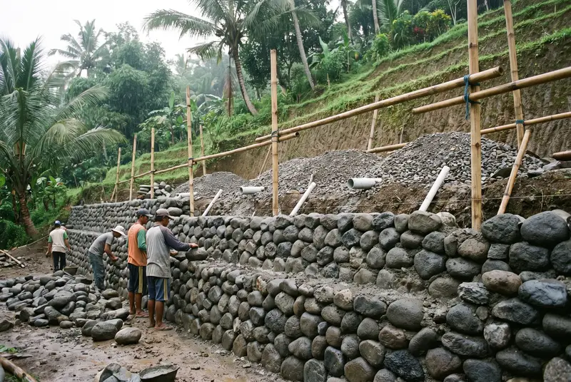 Stone retaining wall under construction holding a terraced slope in Bali