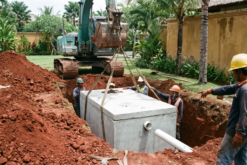 Concrete septic tank being lowered into an excavated pit at a Bali house