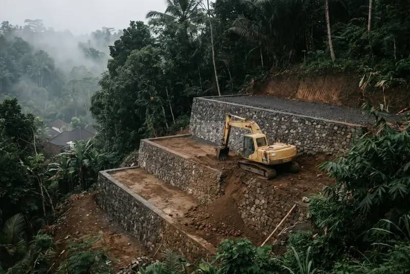 Stepped excavation terraces with retaining walls on a steep Bali hillside plot