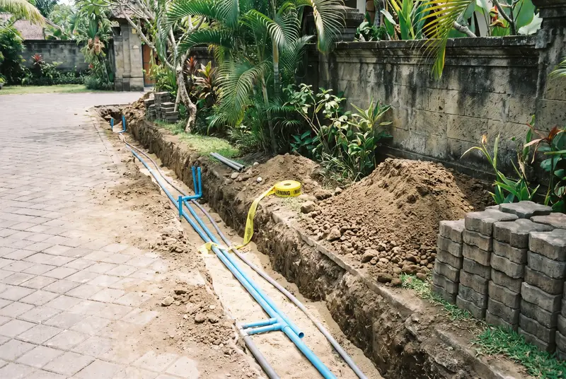 Narrow utility trench with water pipes dug along a villa driveway in Bali